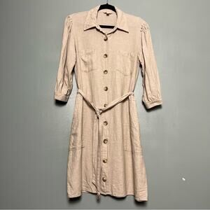 ESPRIT Linen Botton Front Utility Midi Dress Lightweight Khaki Women’s Size S